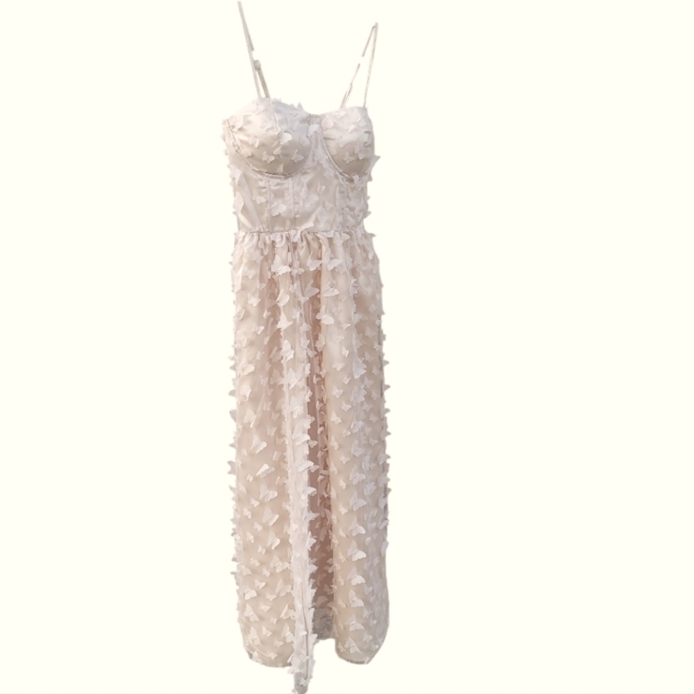 Champagne Color Butterflies Mesh Satin Formal Dress Gown